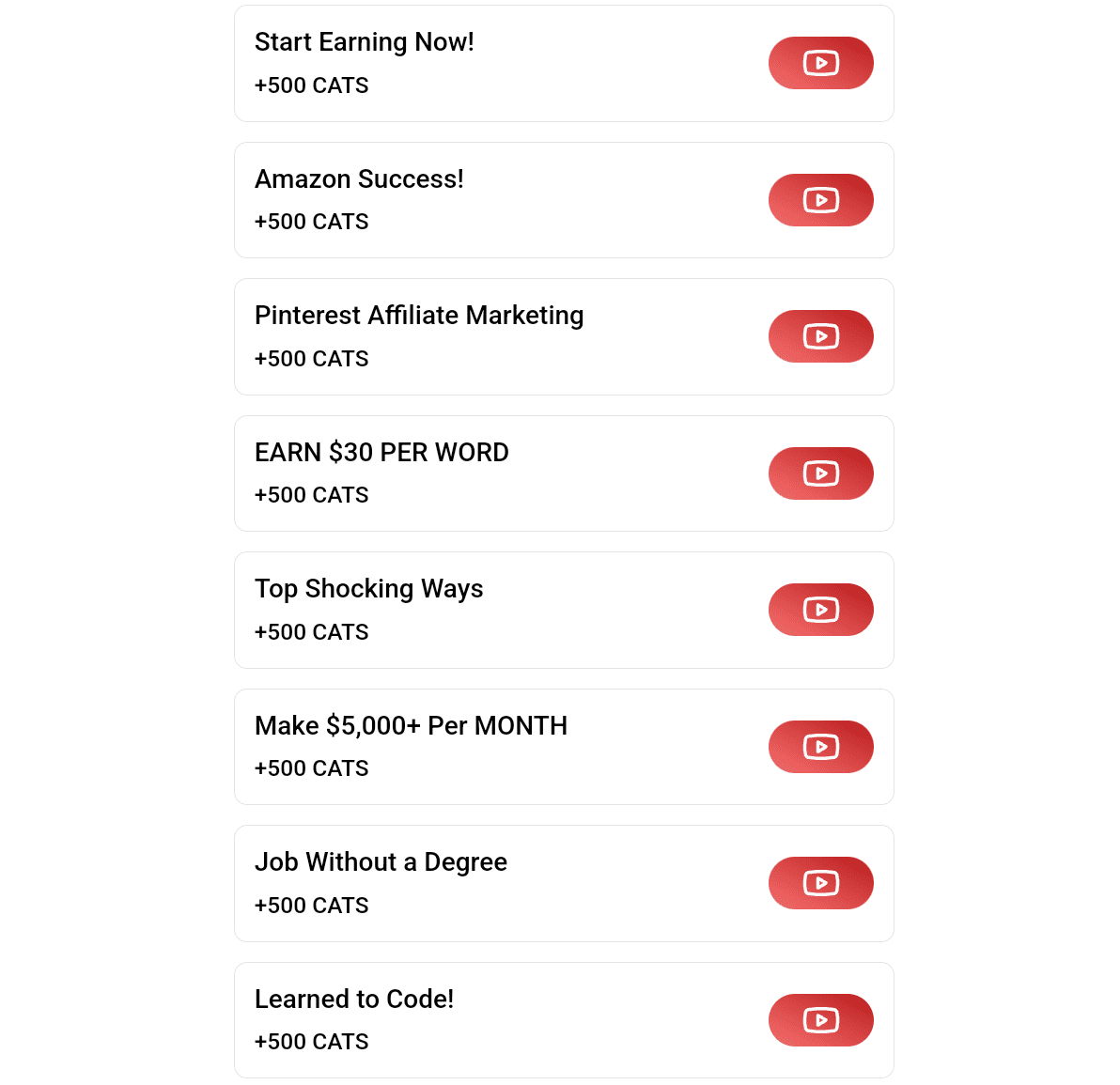 Recent CATS YouTube Video Codes.
