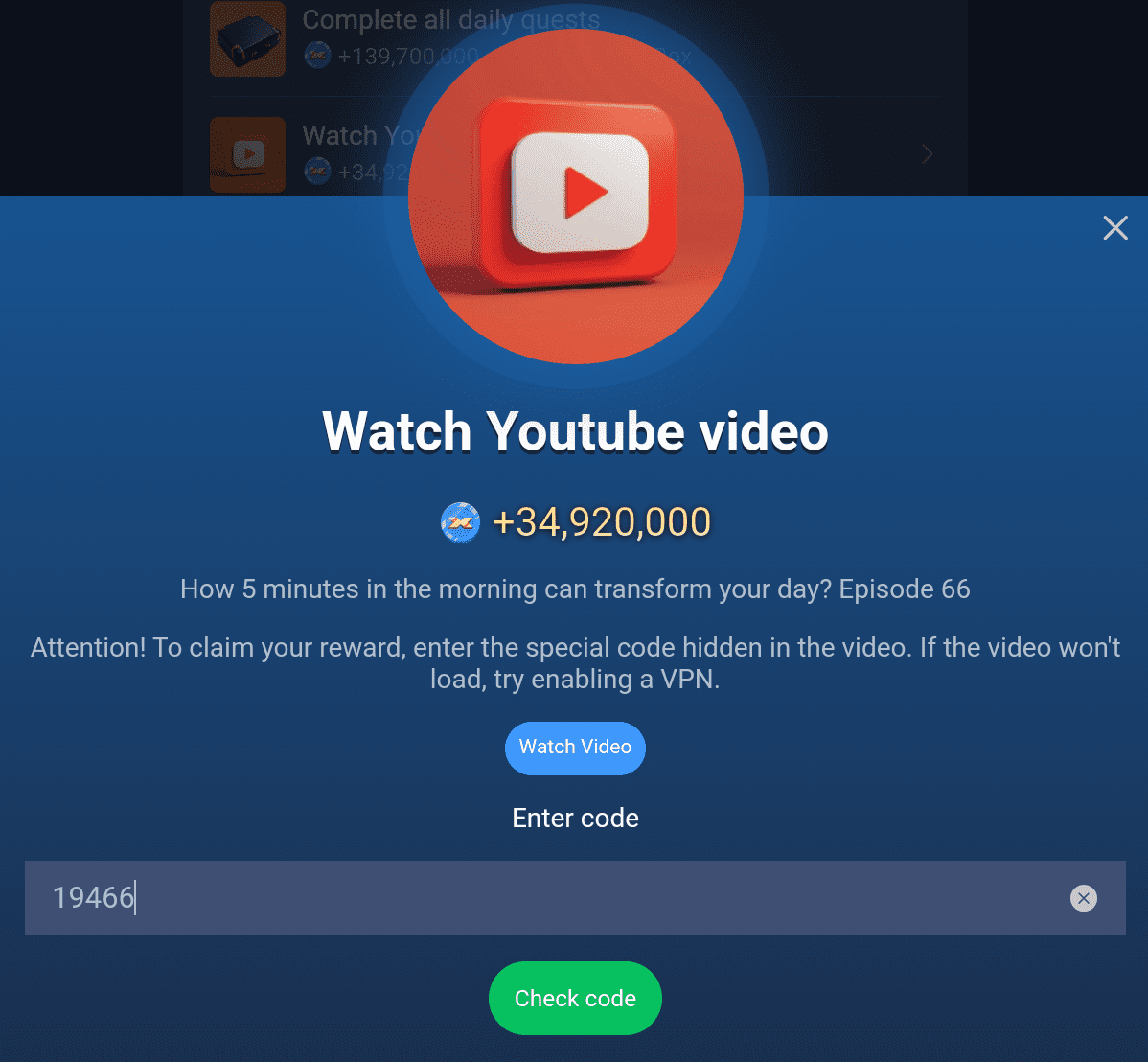 X Empire YouTube Video Episode 66 Code.