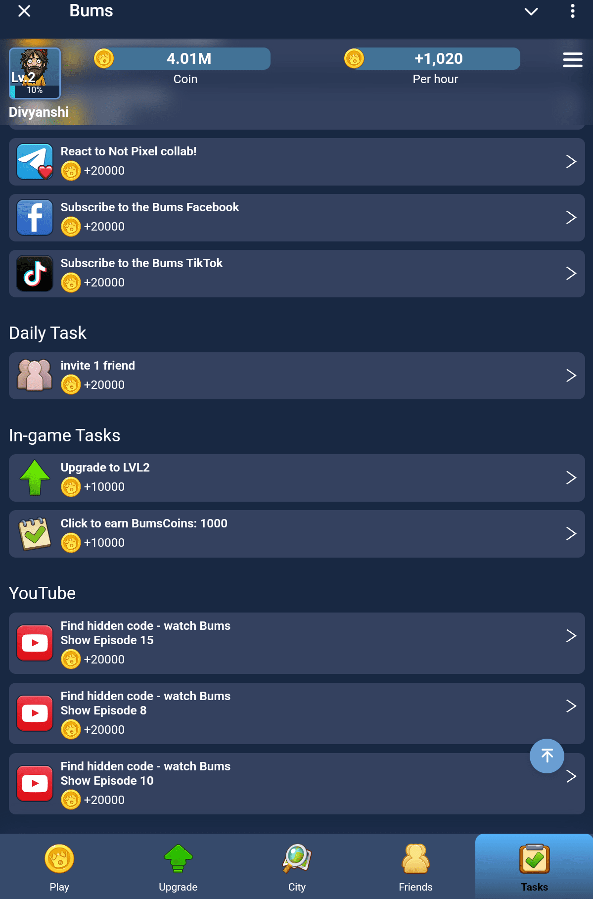 Bums’ welcome tasks gives players opportunity to earn coins