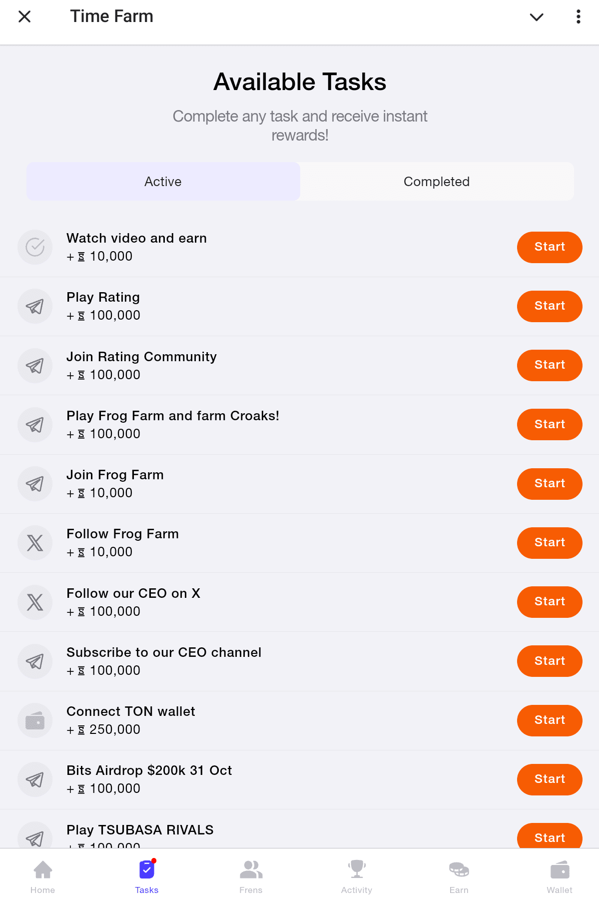 Time Farm tasks that users can complete to earn in-game reward.