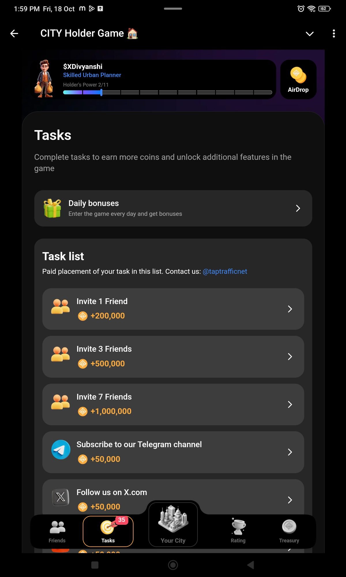 CITY Holder Game Tasks