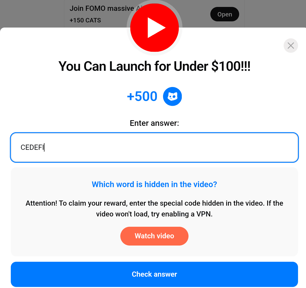 Today’s Cats YouTube Video Code. Source: Cats on Telegram