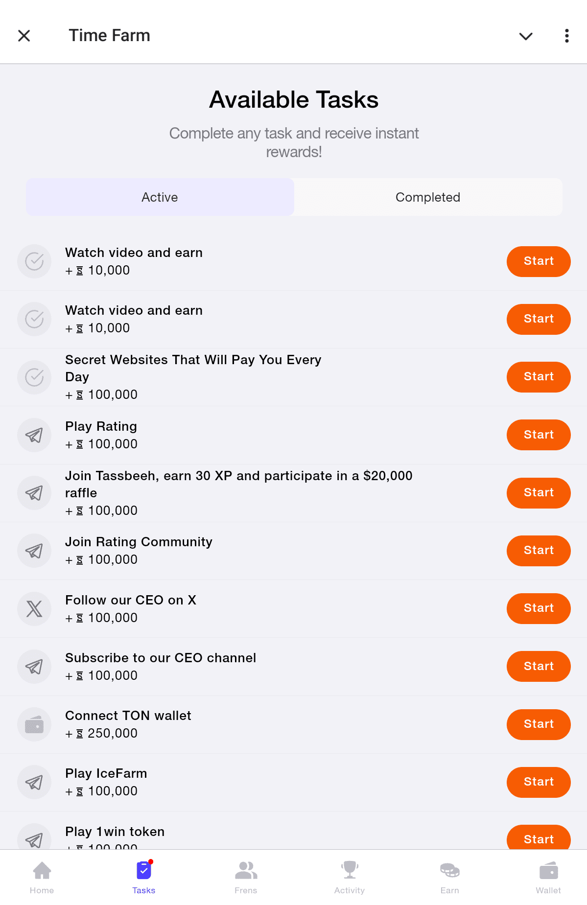 Time Farm tasks that users can complete to earn in-game reward. Source: Time Farm app on Telegram