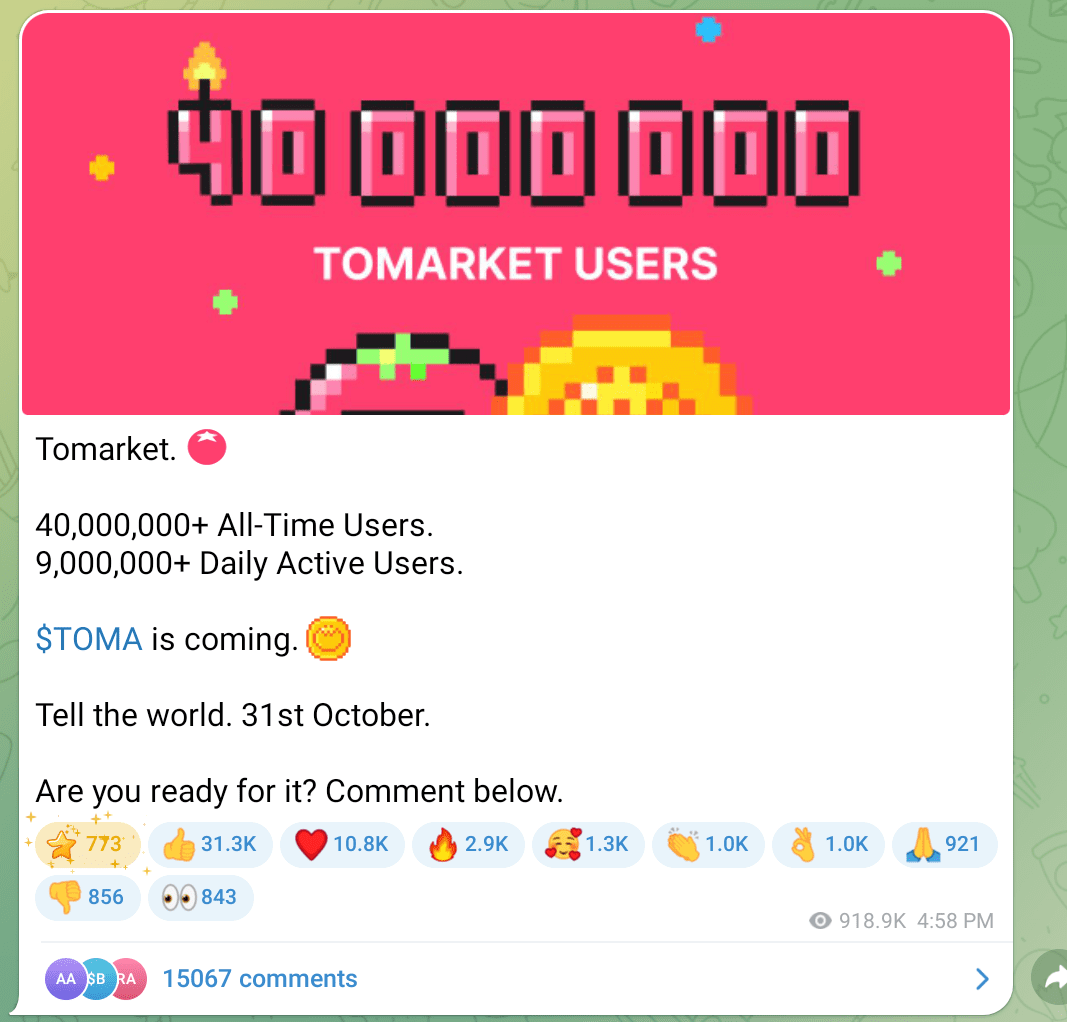 Tomarket announced to launch its $TOMA token on Oct. 31.  