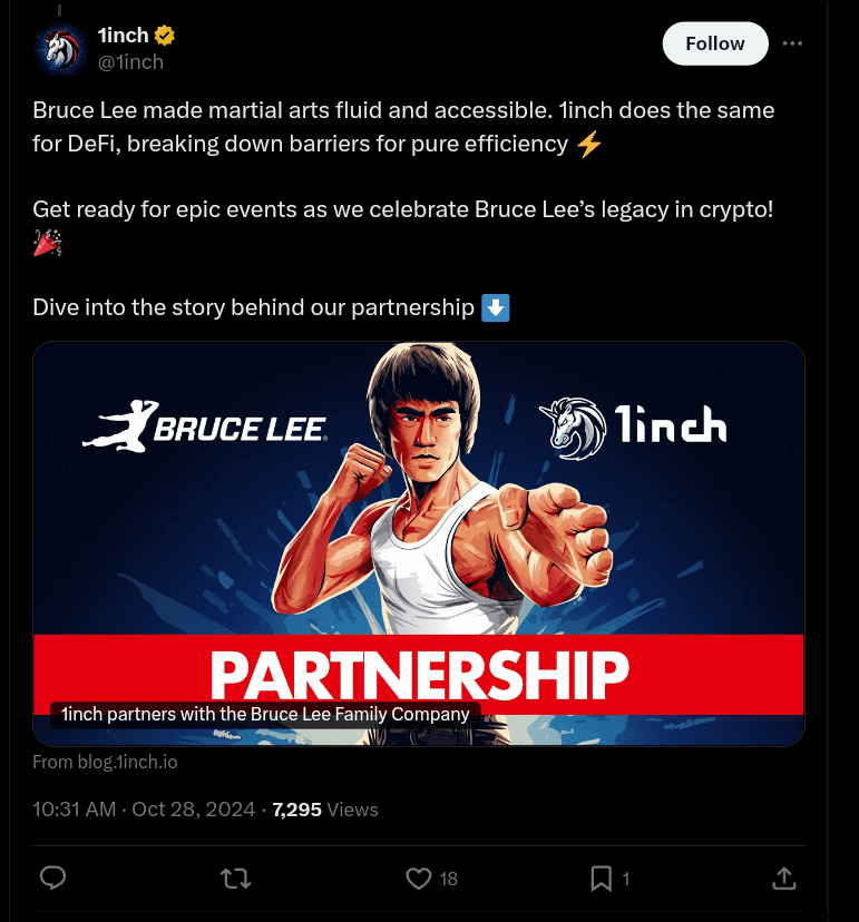 1inch announced partnership with Bruce Lee on X.