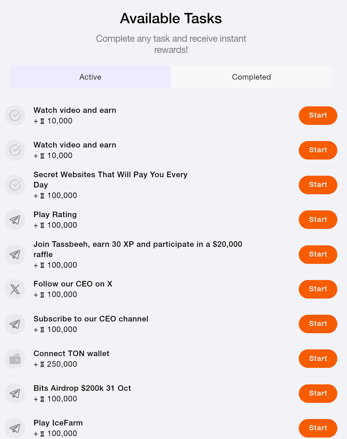 Time Farm tasks that users can complete to earn in-game reward. Source: Time Farm app on Telegram