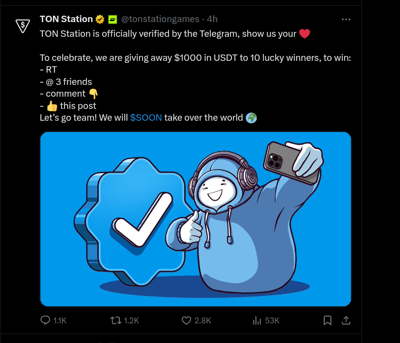 Ton Station celebrates Telegram verification. Source: X