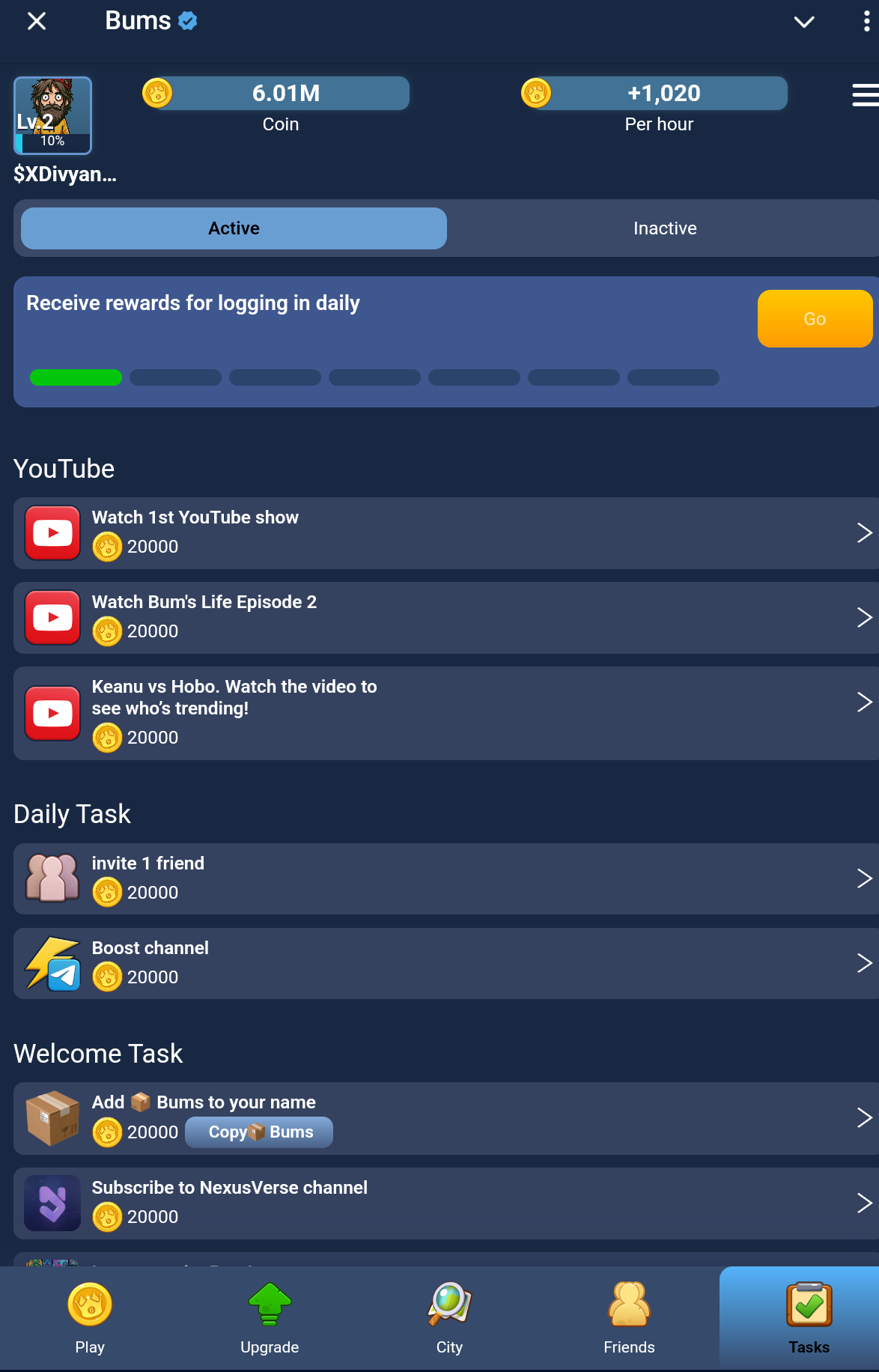 Bums’ tasks gives players opportunity to earn coins. Source: Bums on Telegram