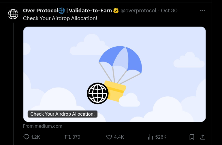 Over Protocol announced airdrop allocation on X