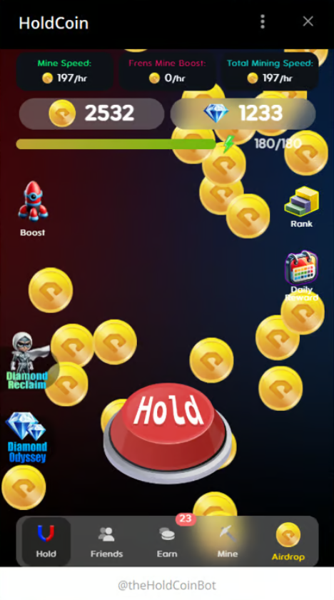 HoldCoin Mining Dashboard with Boost and Reclaim Features. Source: Telegram
