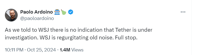 Paolo Ardoino Denies Tether Investigation Claims – Source: X/@paoloardoino