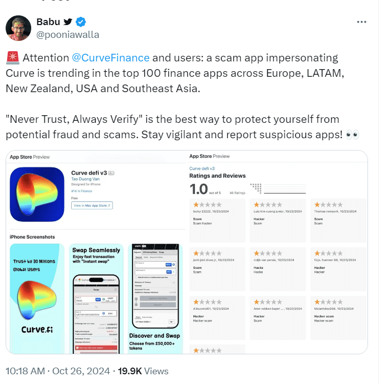Fake Curve Finance App Alert - Source: @pooniawalla on X