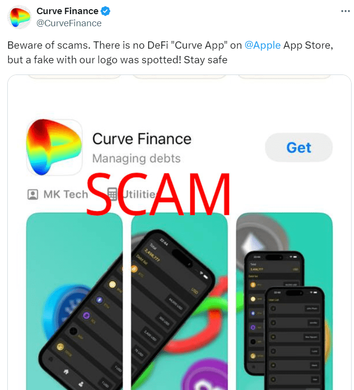 Curve Finance Scam Warning - Source: @CurveFinance on X