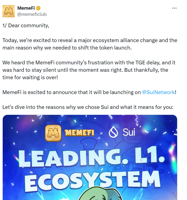 MemeFi Joins Sui Network - Source: MemeFiClub