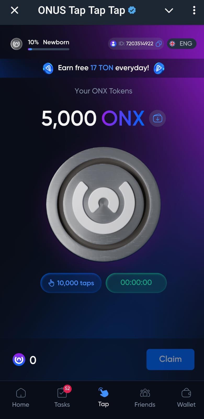 ONUS Tap Tap Tap Game Dashboard – Source: ONUS