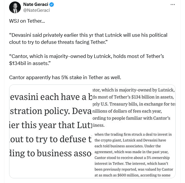 Screenshot of Nate Geraci's tweet discussing Cantor Fitzgerald's 5% stake in Tether, its $134 billion in assets, and Howard Lutnick's influence
