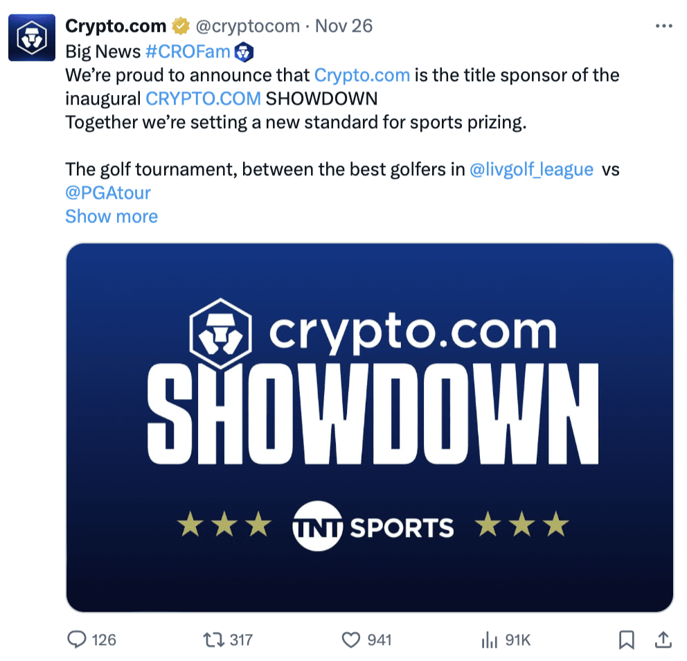 Official announcement of the Crypto.com Showdown featuring the event logo, TNT Sports branding, and promotional text. 
