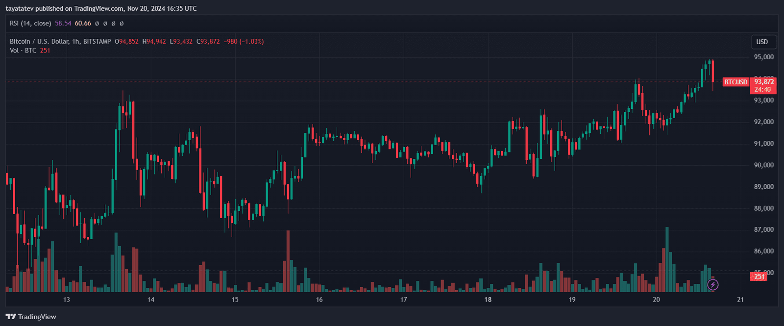 Bitcoin price chart showing $93,872 at 4:35 pm UTC on November 20, 2024, sourced from TradingView.
