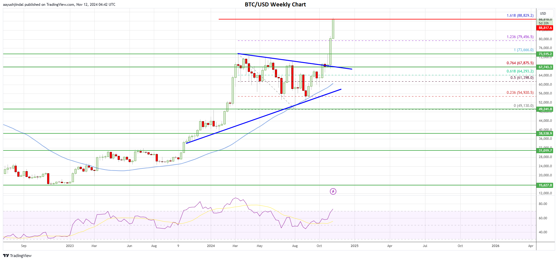 Bitcoin price weekly chart | Source: BTC/USD on TradingView.com