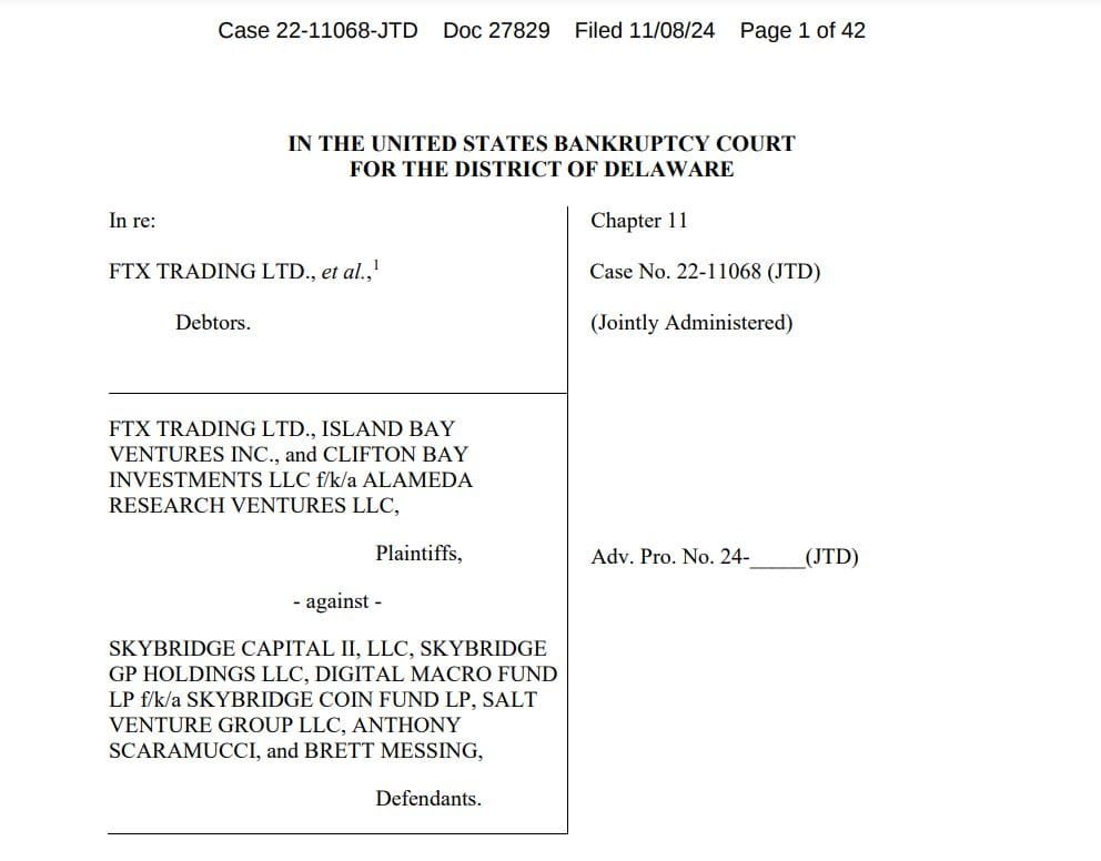 FTX vs. SkyBridge Legal Complaint – Source: U.S. Bankruptcy Court, District of Delaware