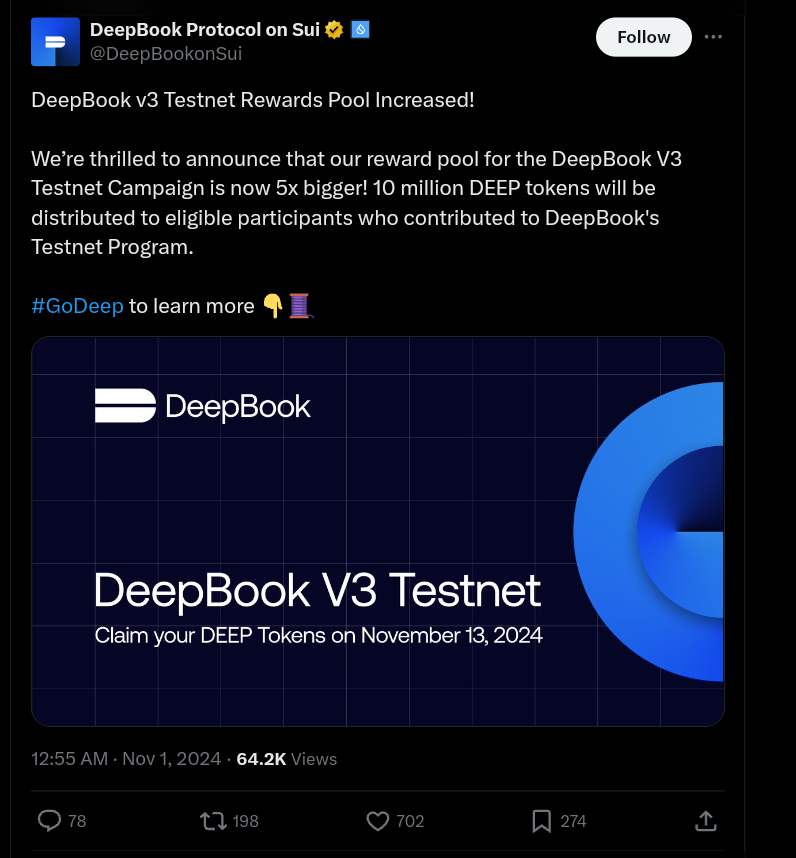 DeepBook has announced to increase its upcoming airdrop reward