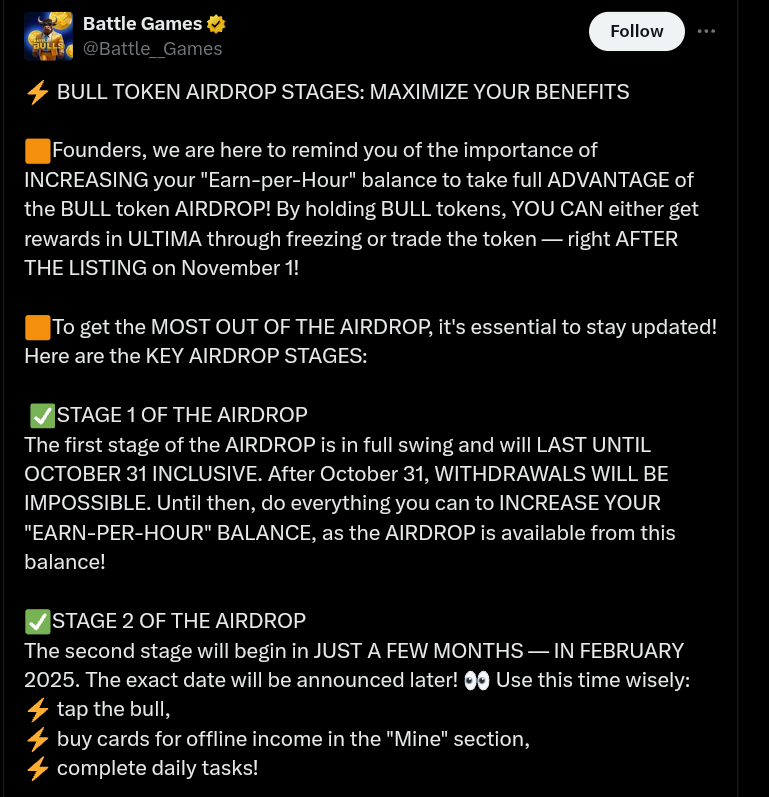 The first stage of Battle Bulls airdrop ended on Oct.31. Source: X