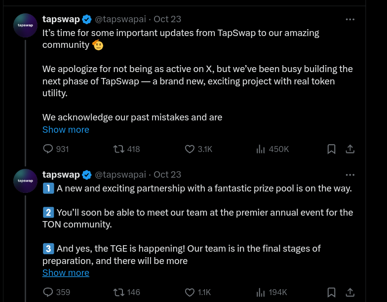 TapSwap made some new announcements regarding airdrop and TGE