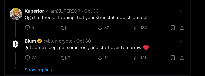 A user got frustrated over Blum's silence on airdrop date.