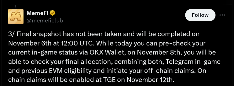MemeFi final snapshot to complete on Nov.6. Source: MemeFi on X