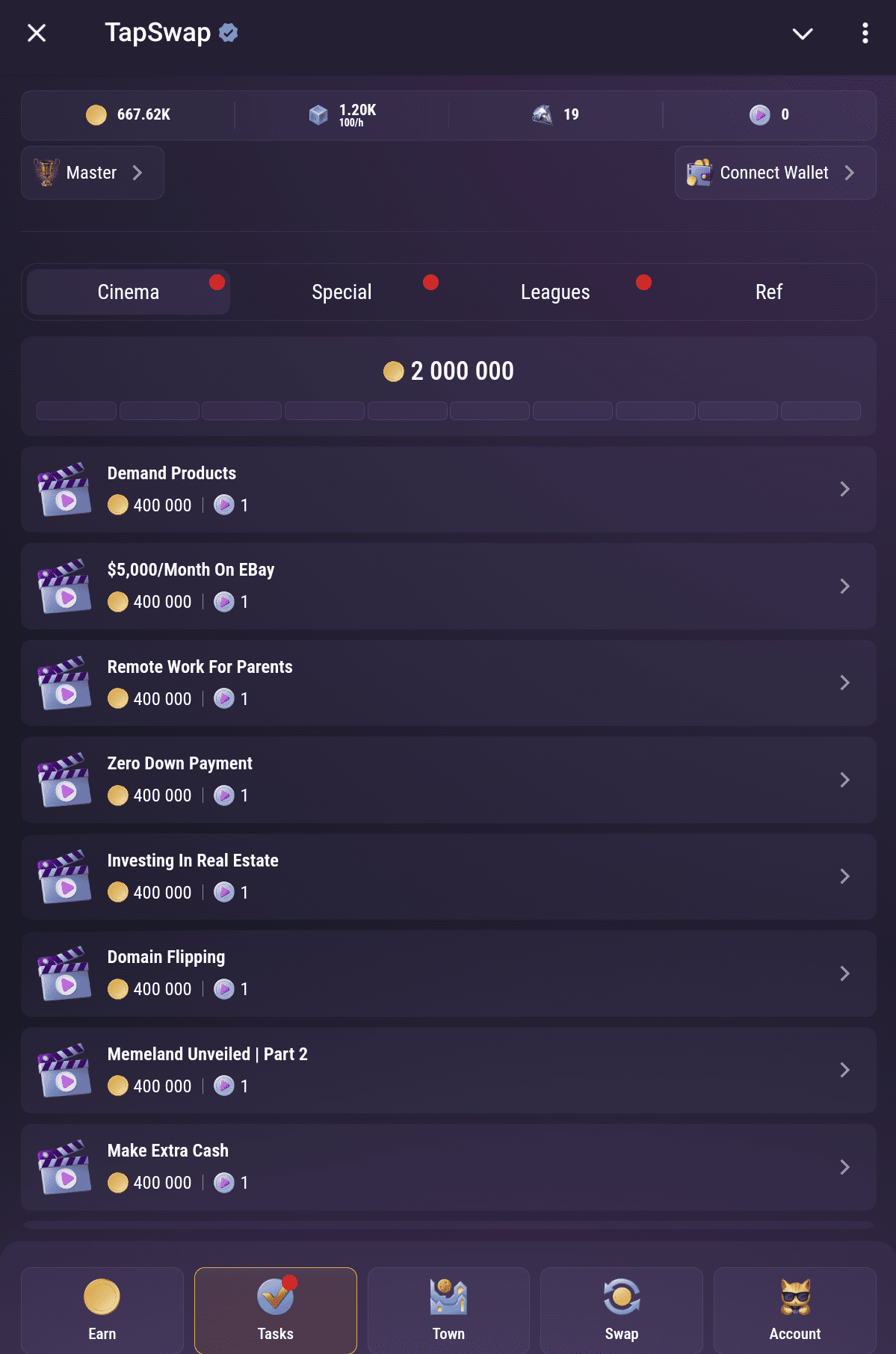 TapSwap cinema code under task section