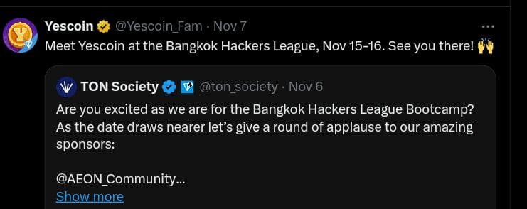 Yescoin to attend Bangkok Hackers League. Source: X