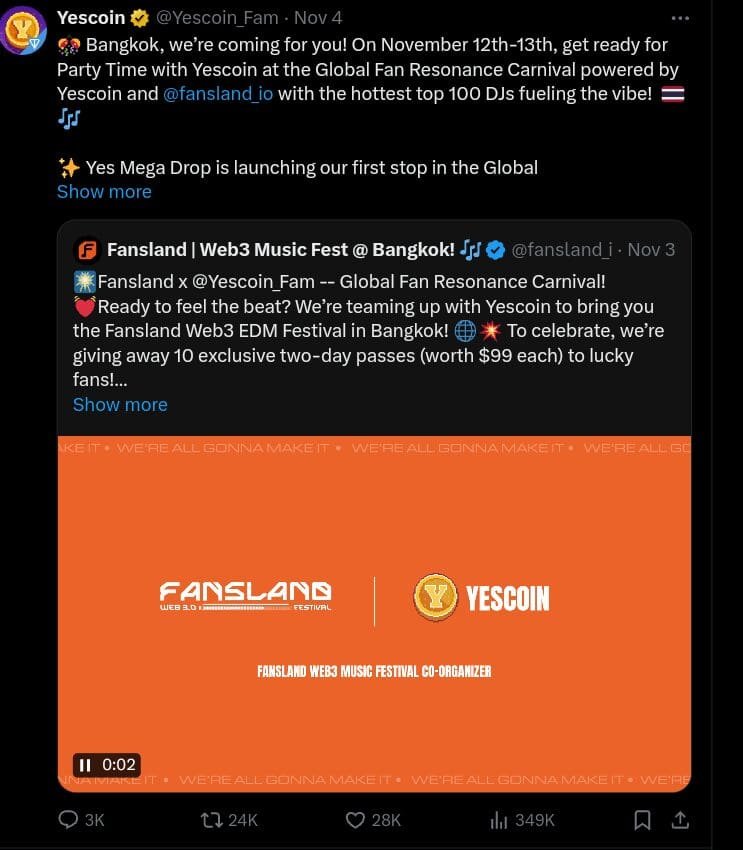 Yescoin announced to attend Global Fan Resonance Carnival in Bangkok. Source: X
