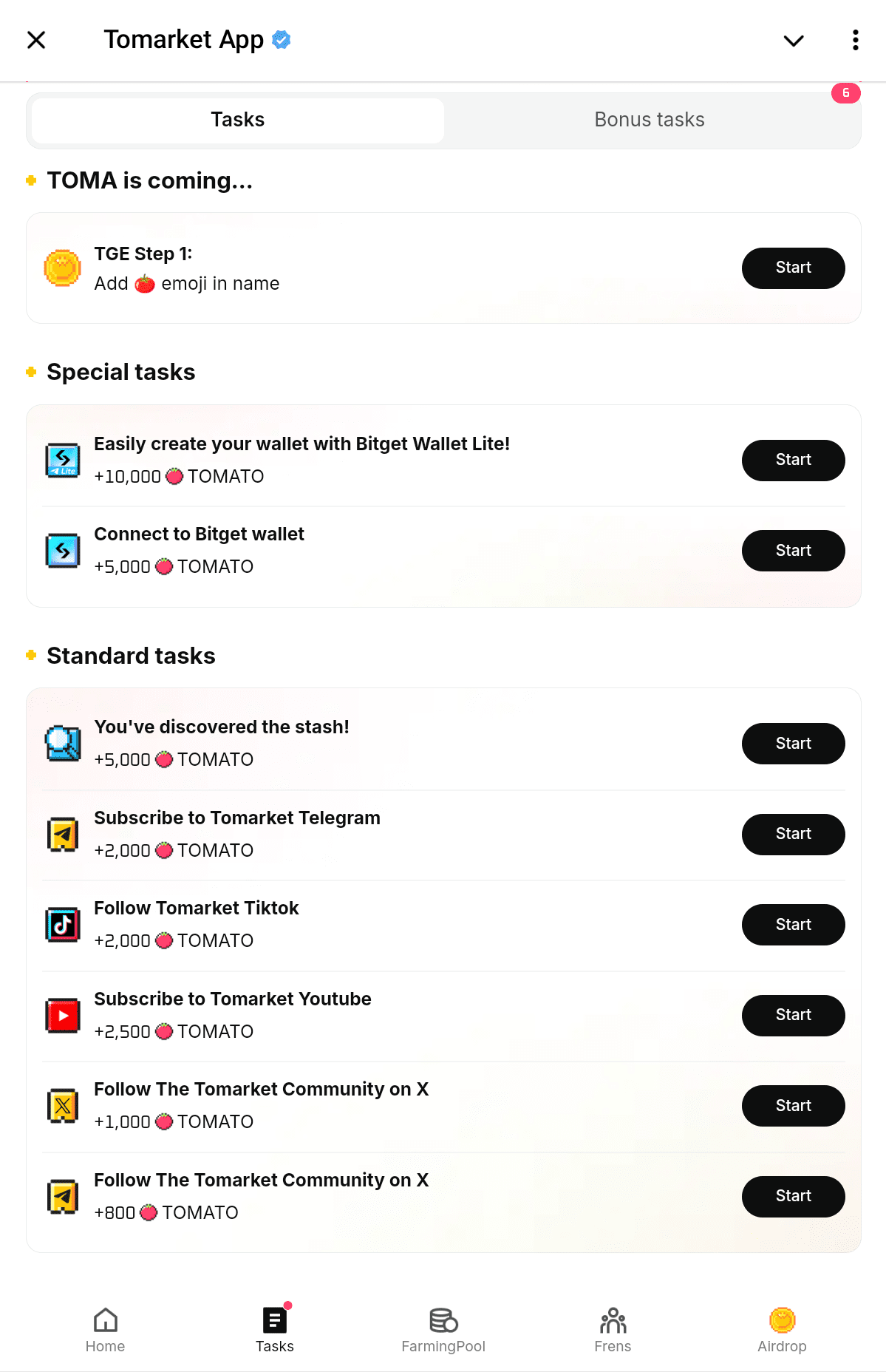 Users can earn Tomato tokens by completing these tasks