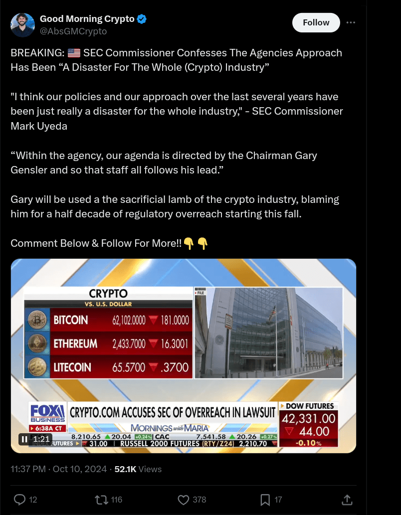 SEC Commissioner Mark Uyeda criticized the SEC’s crypto regulation agenda in October. Source: Good Morning Crypto