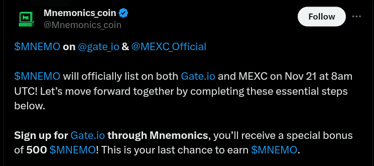 Mnemonics announced to airdrop and list its MNEMO token on exchanges. Source: X