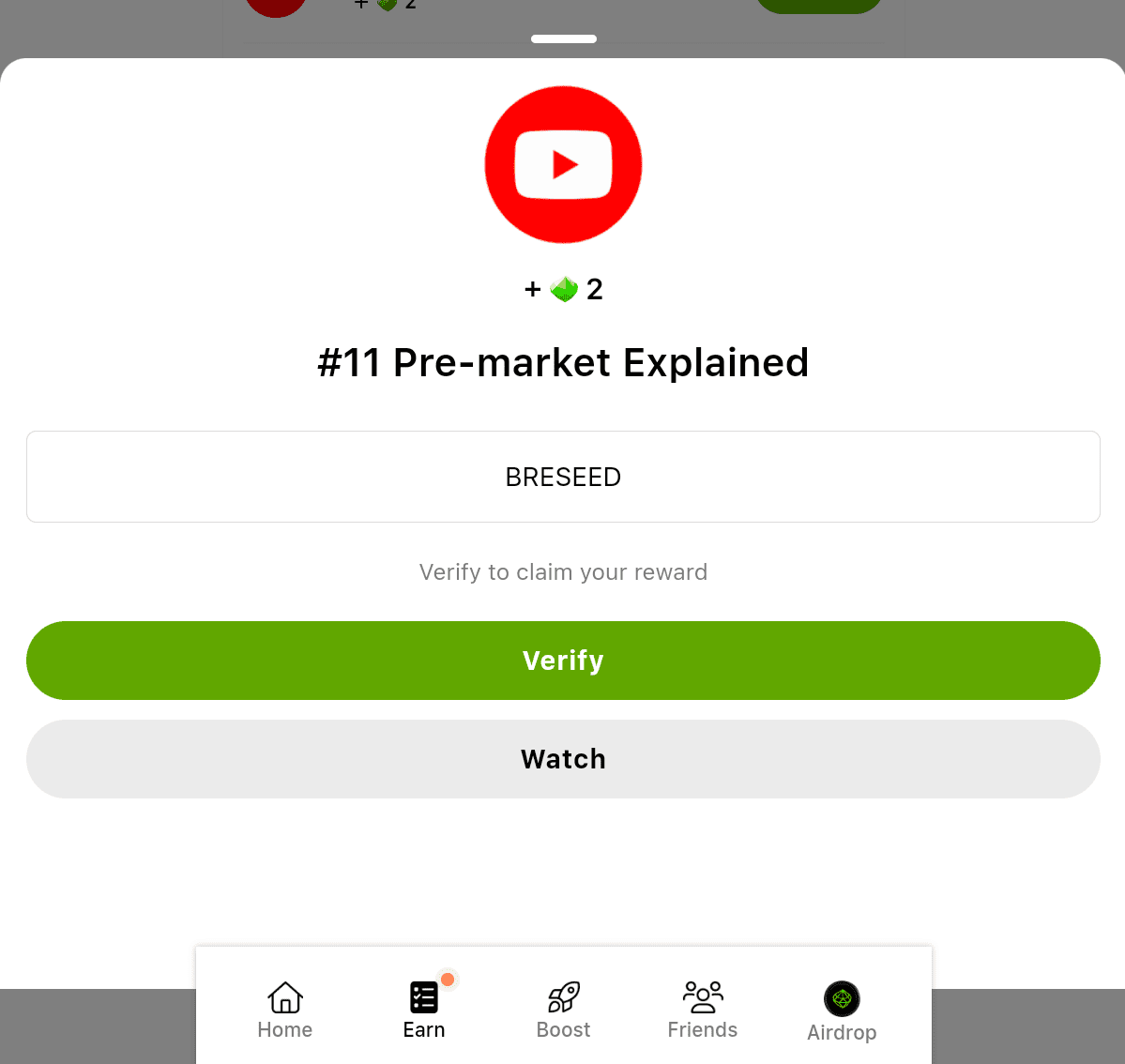 Today’s SEED YouTube video code for Nov. 13. Source: SEED mini app on Telegram