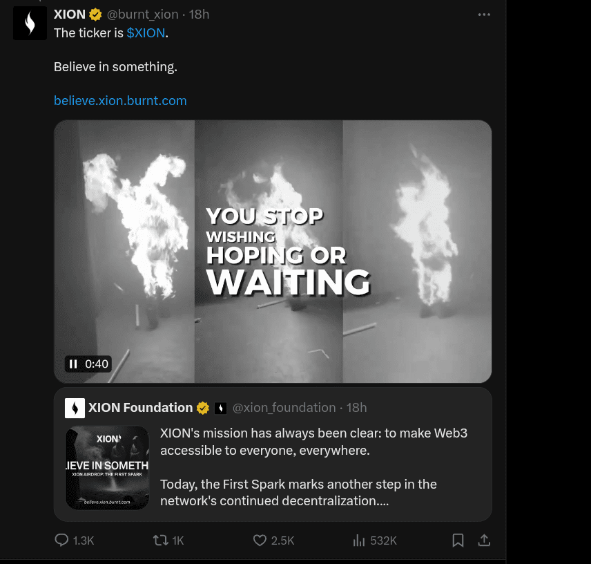 XION announced its first token airdrop “Believe In Something" on X.