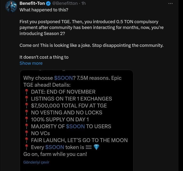 User complaining about Ton Station airdrop and TGE