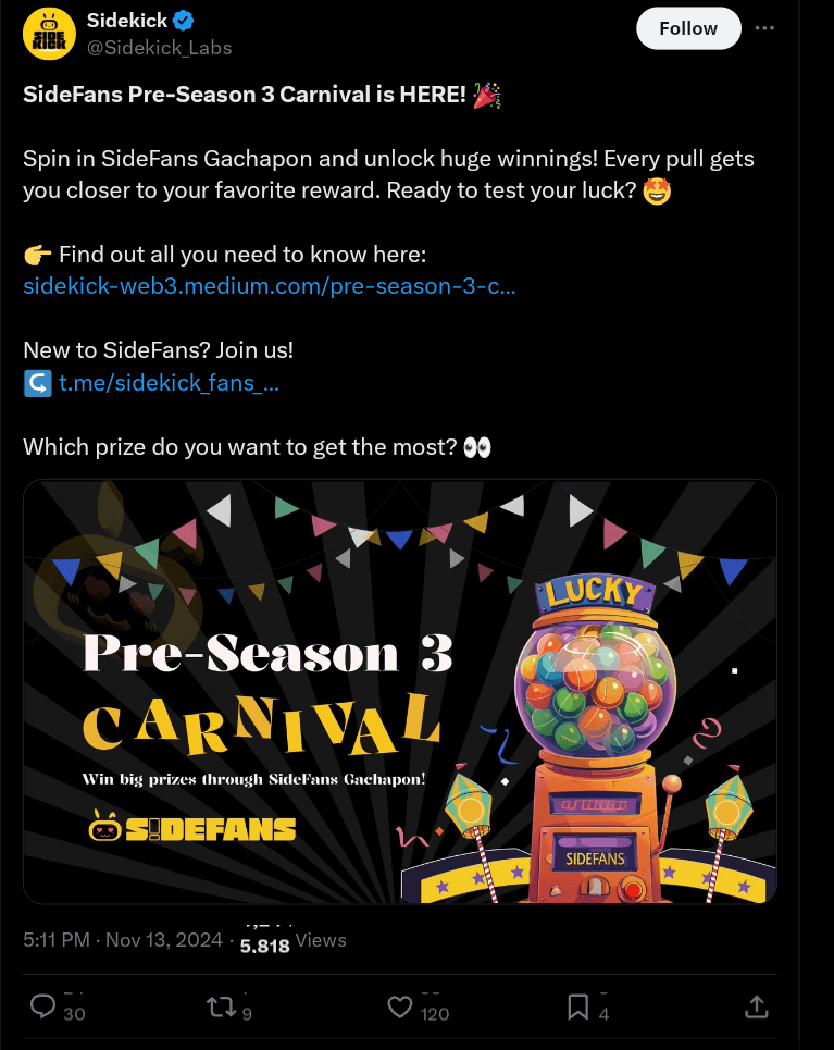 Sidekick Launches Pre-Season 3 Carnival, airdrop and listing date nears?
