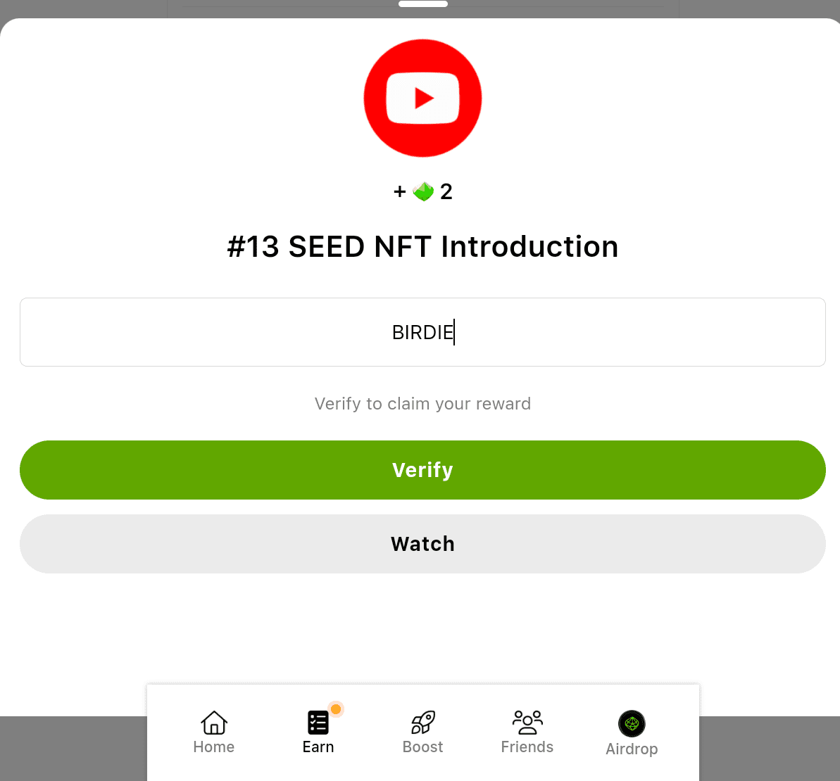 Today’s SEED YouTube video code for Nov. 18. Source: SEED mini app on Telegram