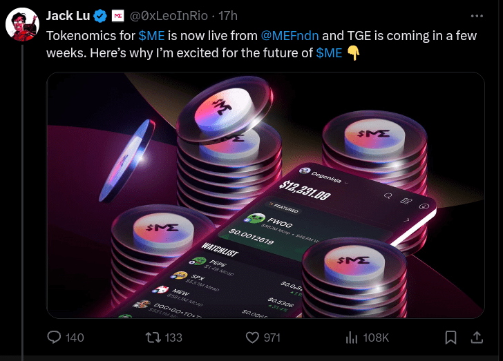 Magic Eden CEO and co-founder Jack Lu shared information about airdrop on X.