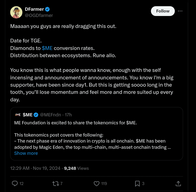 Web3 influencer DFarmer criticized the airdrop announcement. Source: X