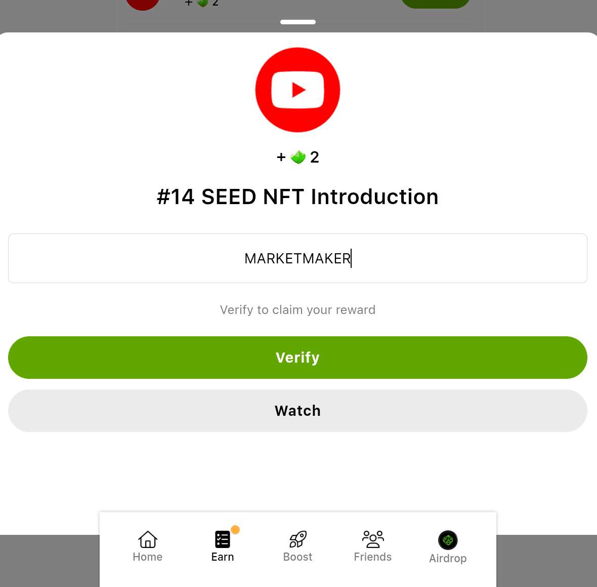 Today’s SEED YouTube video code for Nov. 20. Source: SEED mini app on Telegram