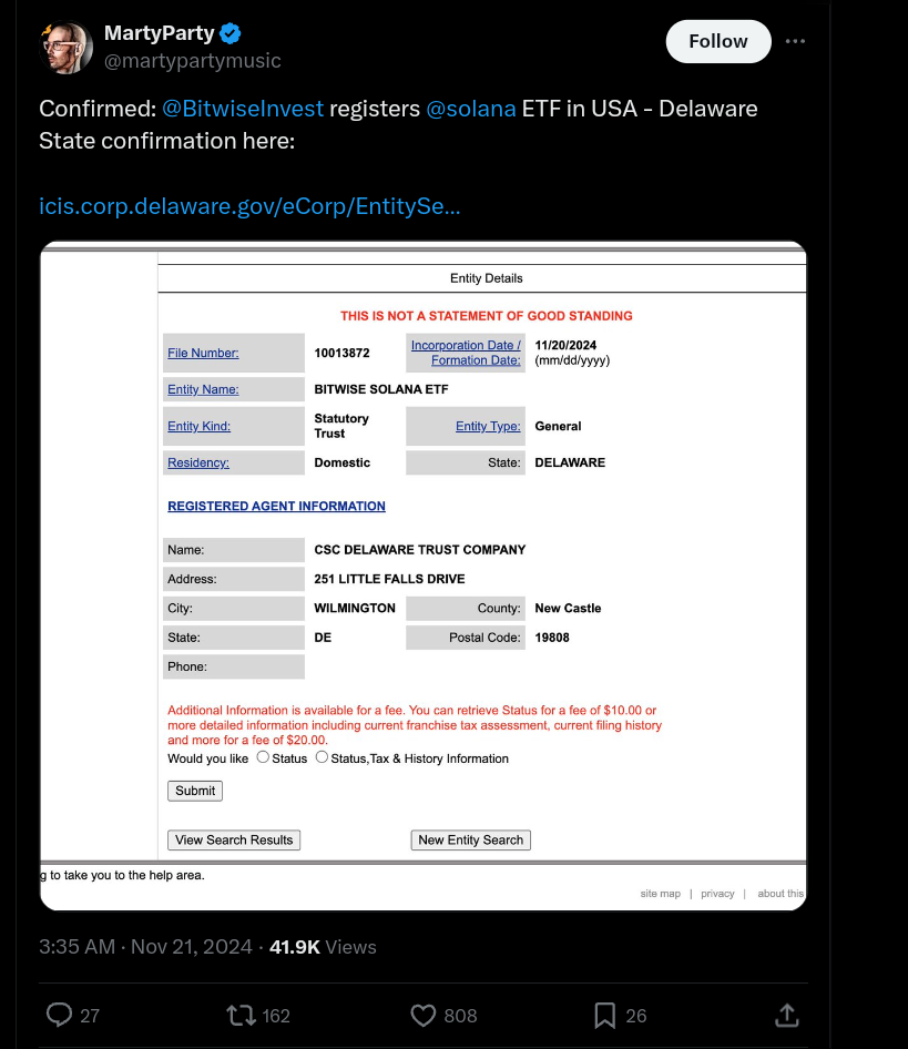 Bitwise filed for Solana ETF in US.