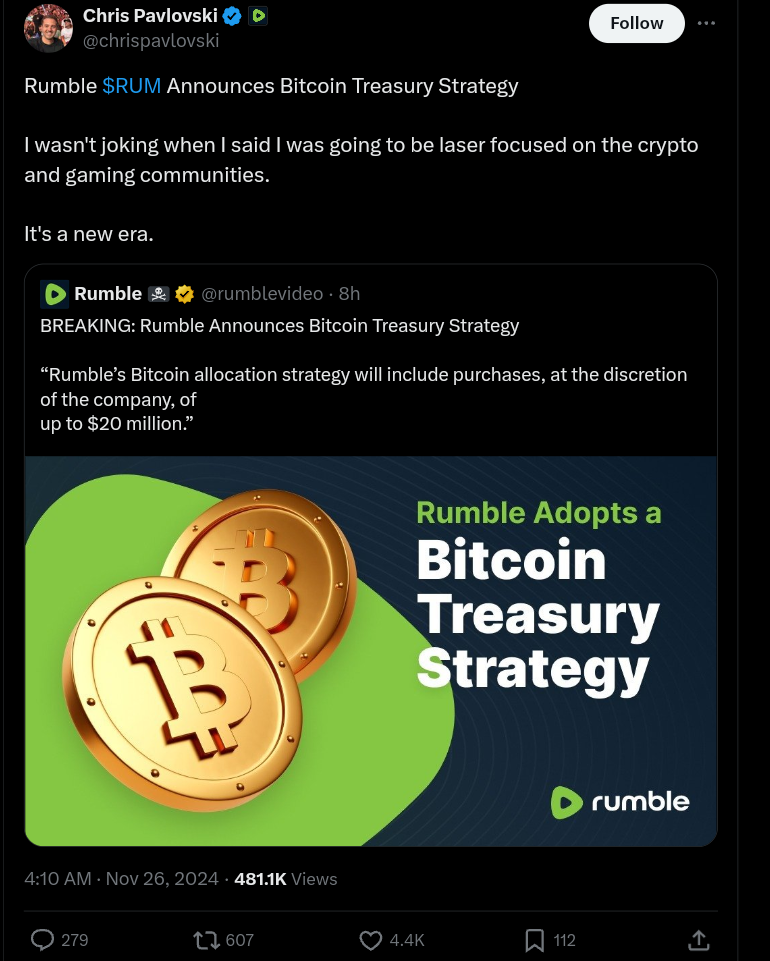 Rumble announced to spend up to $20M on Bitcoin in new treasury strategy. Source: Chris Pavlovski on X