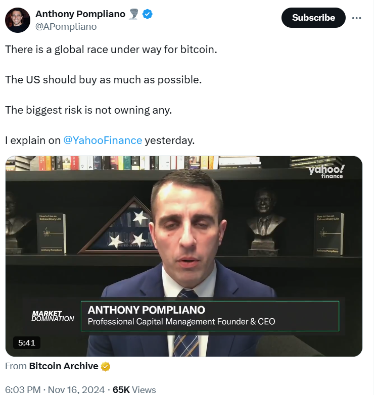 Anthony Pompliano on Bitcoin Race - Source: Bitcoin Archive