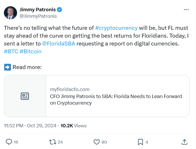 Jimmy Patronis Advocates for Florida's Cryptocurrency Strategy - Source: myfloridacfo.com"