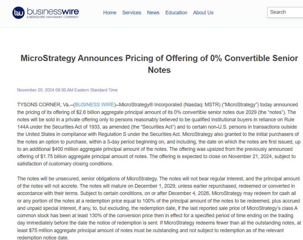 MicroStrategy Note Sale BusinessWire Source