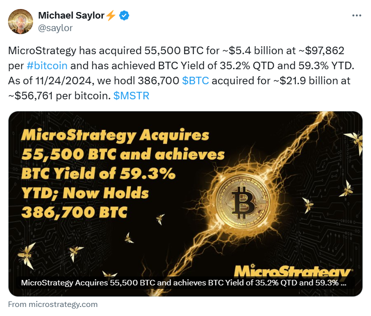 MicroStrategy's announcement of acquiring 55,500 BTC for $5.4 billion, achieving a BTC Yield of 59.3% YTD. Source: Michael Saylor.