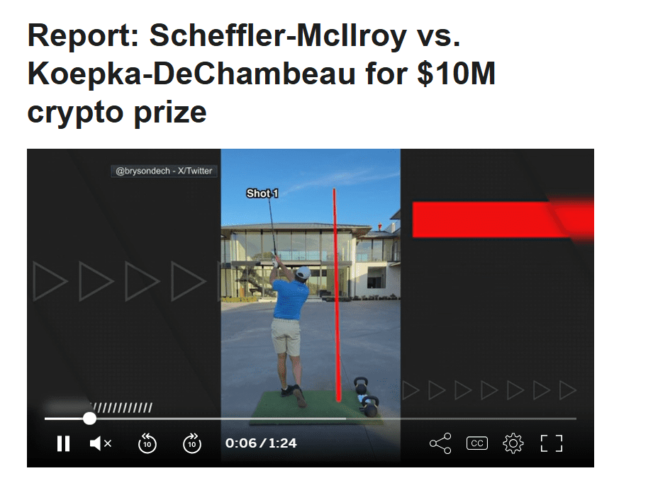 Bryson DeChambeau's golf shot demonstration, featuring analysis lines, with the text "Shot 1" displayed
